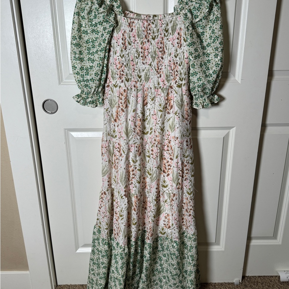 MELLODAY Cream and Pink Smocked Sundress with Puff Sleeves